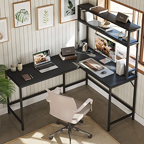 CubiCubi L Shaped Desk with Hutch, 59.1" Corner Computer Desk, Home Office Study Writing Desk Computer Workstation with Two Tier Bookshelf, Black