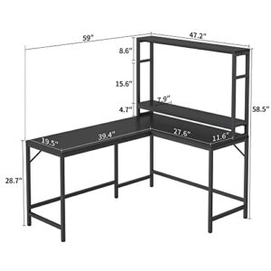 CubiCubi L Shaped Desk with Hutch, 59.1" Corner Computer Desk, Home Office Study Writing Desk Computer Workstation with Two Tier Bookshelf, Black