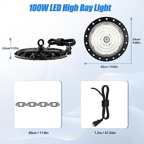 Royana 100W LED High Bay Light 10000lm Led Garage Light, 6000K Garage Ceiling Lights, Led Shop Light with US Plug Barn Light for Commercial Garage Warehouse Factory