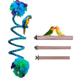 matafat 59inch bird rope perch,bird toys,1pcs bird rope stand & 3pcs wooden bird perch for parakeets cockatiels, conures, macaws, lovebirds, finches