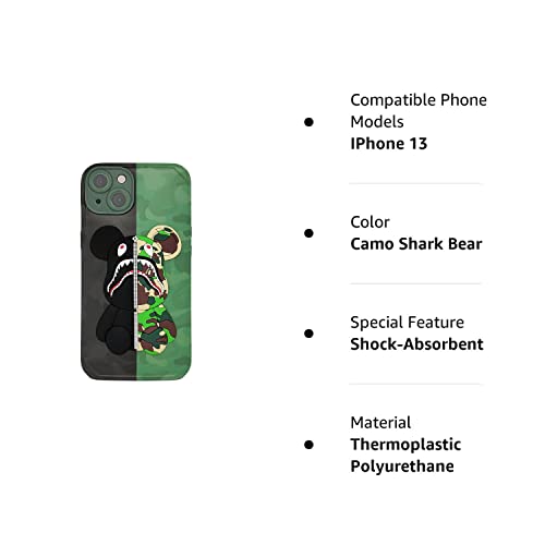 LANJINDENG iPhone 13 Case Camo Shark Bear Design for Men Boys, Cool ArmyGreen 3D Cartoon Pattern Street Fashion Shockproof Anti-Scratch Silicone Full Body Protection Case for iPhone 13