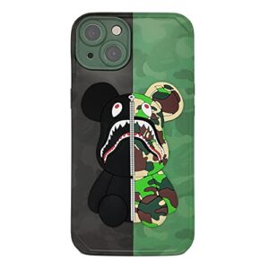 LANJINDENG iPhone 13 Case Camo Shark Bear Design for Men Boys, Cool ArmyGreen 3D Cartoon Pattern Street Fashion Shockproof Anti-Scratch Silicone Full Body Protection Case for iPhone 13