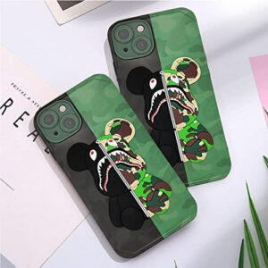 LANJINDENG iPhone 13 Case Camo Shark Bear Design for Men Boys, Cool ArmyGreen 3D Cartoon Pattern Street Fashion Shockproof Anti-Scratch Silicone Full Body Protection Case for iPhone 13