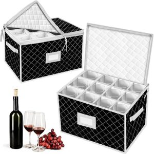 veronly china storage containers - stemware storage cases for 12 wine champagne glasses - 2 pack crystal glassware protector packing boxes with dividers and 2 handles for moving (black)
