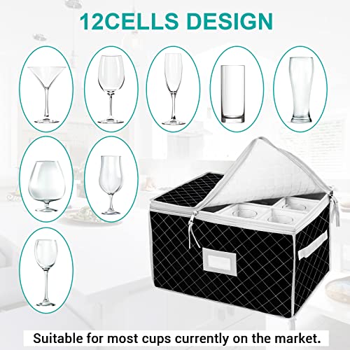 VERONLY China Storage Containers - Stemware Storage Cases for 12 Wine Champagne Glasses - 2 Pack Crystal Glassware Protector Packing Boxes with Dividers and 2 Handles for Moving (Black)