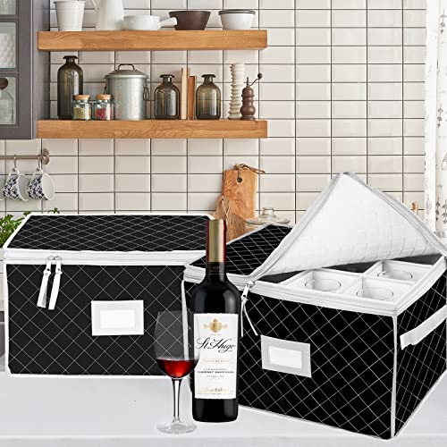 VERONLY China Storage Containers - Stemware Storage Cases for 12 Wine Champagne Glasses - 2 Pack Crystal Glassware Protector Packing Boxes with Dividers and 2 Handles for Moving (Black)