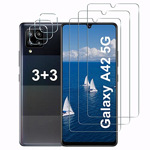 [3+3 Pack] Galaxy A42 Screen Protector with Camera Lens Protector, HD Tempered Glass Film, 9H Hardness, Anti Scratch, Easy Installation, Bubble Free, Screen Protector for Samsung Galaxy A42 5G