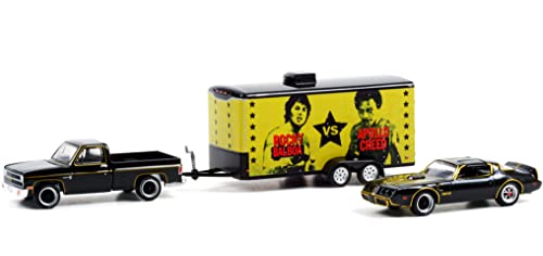 1981 Chevy C-10 Custom Pickup Black & 1979 Pontiac Firebird T/A Black Rocky's & Enclosed Car Hauler Rocky II Movie 1/64 Models by Greenlight 31120 A