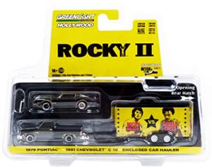 1981 chevy c-10 custom pickup black & 1979 pontiac firebird t/a black rocky's & enclosed car hauler rocky ii movie 1/64 models by greenlight 31120 a