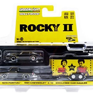 1981 Chevy C-10 Custom Pickup Black & 1979 Pontiac Firebird T/A Black Rocky's & Enclosed Car Hauler Rocky II Movie 1/64 Models by Greenlight 31120 A