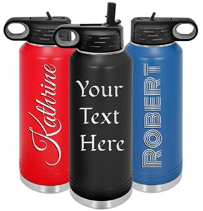 polar camel personalized water bottles 40oz with flip-top lid and straw,vacuum insulated flask, stainless steel sports double wall thermos, your logo name text engraved in usa (black, 40 oz.)