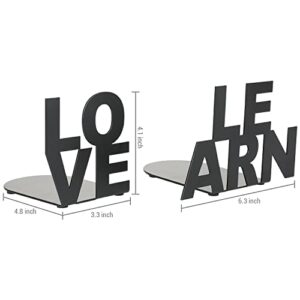 MyGift Modern Matte Black Metal Office Desk Decorative Bookends with Stencil Cut Out Love and Learn Block Letter Design and Non-Slip Pads