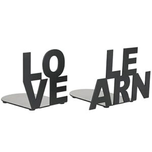 mygift modern matte black metal office desk decorative bookends with stencil cut out love and learn block letter design and non-slip pads