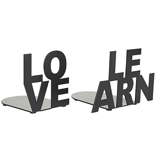 MyGift Modern Matte Black Metal Office Desk Decorative Bookends with Stencil Cut Out Love and Learn Block Letter Design and Non-Slip Pads