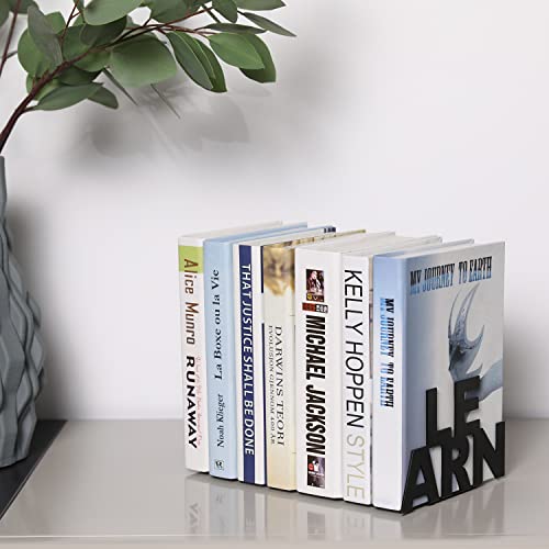 MyGift Modern Matte Black Metal Office Desk Decorative Bookends with Stencil Cut Out Love and Learn Block Letter Design and Non-Slip Pads