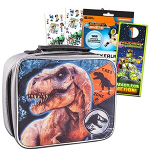 jurassic park lunch box kids - bundle with dinosaur school lunch box, rusty rivets stickers, rex-man door hanger | jurassic world lunch bag