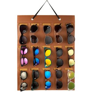 sunnies spot! leather hanging glasses sunglass wall holder organizer with 15 storage slots (brown)