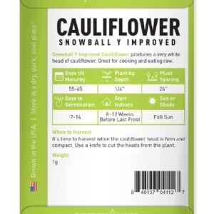 Cauliflower Seeds for Planting - (Snowball Y Improved) is A Great Heirloom, Non-GMO Vegetable Variety- 1 Gram Seeds Great for Outdoor Spring, Winter and Fall Gardening by Gardeners Basics