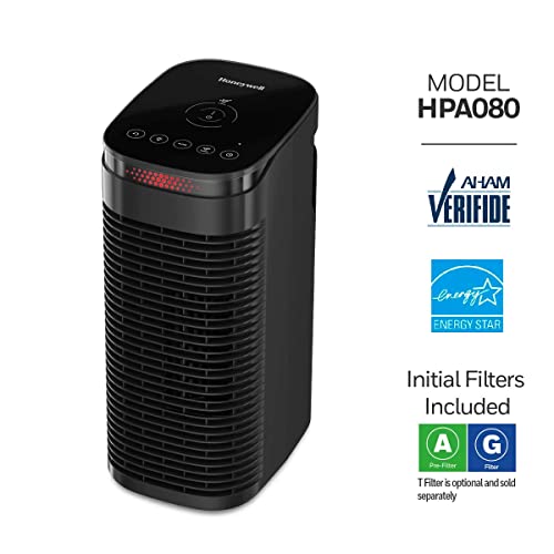 Honeywell HPA080 InSight HEPA Air Purifier with Air Quality Indicator and Auto Mode, Allergen Reducer for Medium Rooms (100 sq ft), Black - Wildfire/Smoke, Pollen, Pet Dander & Dust Air Purifier