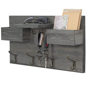 mygift wall mounted vintage gray solid wood mail and key holder organizer rack with antique key hooks, display shelf and letter storage bins, entryway family command center