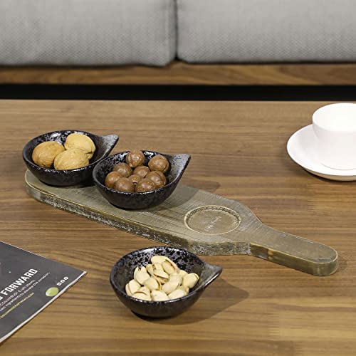 MyGift Rustic Brown Solid Wood Serving Tray and Ceramic Condiment Bowl Set Includes Speckled Black Dipping Sauce Bowls for Dips, Sauces, Toppings and Appetizers