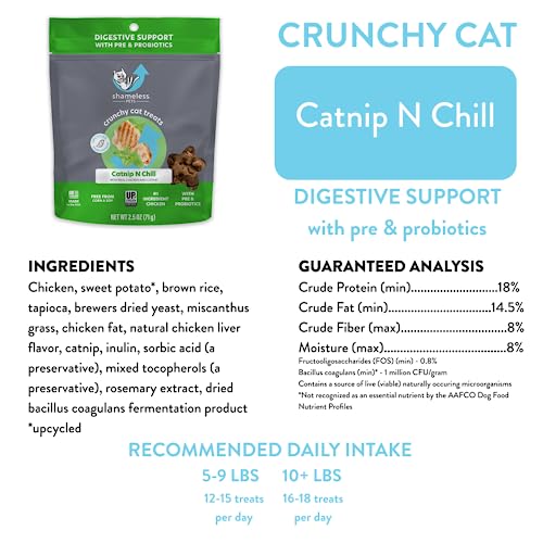 Shameless Pets Catnip Treats - Crunchy Cat Calming Treats with Digestive Support, Sustainable Upcycled Natural Ingredients & Real Chicken, Low Calorie Healthy Feline Food - Catnip N Chill, 14oz