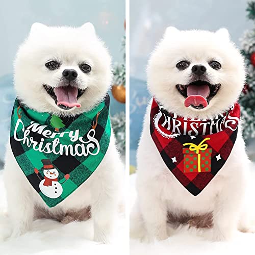 2 Pack Christmas Dog Bandanas,Double Layer Reversible Washable,Merry Christmas Snowman Gift Packages Pattern On Plaid Green Red Soft Cotton for Small Medium Large Dogs Cats Pets