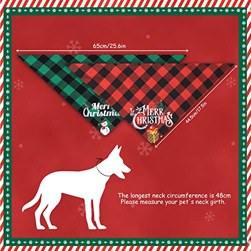 2 Pack Christmas Dog Bandanas,Double Layer Reversible Washable,Merry Christmas Snowman Gift Packages Pattern On Plaid Green Red Soft Cotton for Small Medium Large Dogs Cats Pets