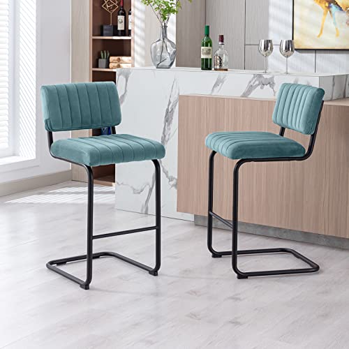 ONEVOG Chairs Modern Velvet Barstools, Set of 2 Upholstered Counter Chair with Black Metal Legs and Backrest for Kitchen, Dining, Party (24Inch, Blue)