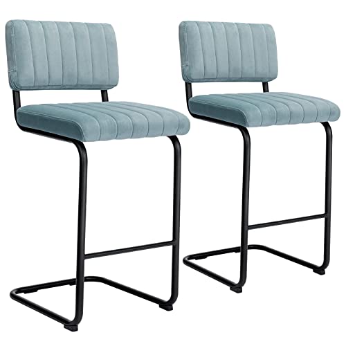 ONEVOG Chairs Modern Velvet Barstools, Set of 2 Upholstered Counter Chair with Black Metal Legs and Backrest for Kitchen, Dining, Party (24Inch, Blue)