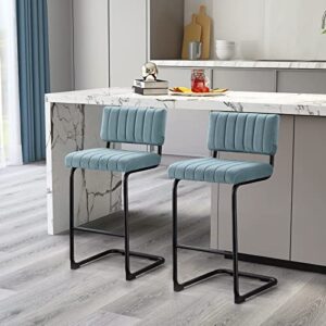 ONEVOG Chairs Modern Velvet Barstools, Set of 2 Upholstered Counter Chair with Black Metal Legs and Backrest for Kitchen, Dining, Party (24Inch, Blue)