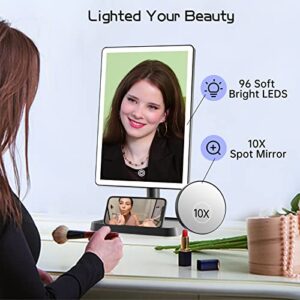 FUNTOUCH Rechargeable Makeup Mirror with Lights, 96 LED Lighted Makeup Vanity Mirror with Phone Holder and 10X Magnifying Mirror, 3Color Lighting Light Up Cosmetic Mirror with Dimmable Sensor Touch