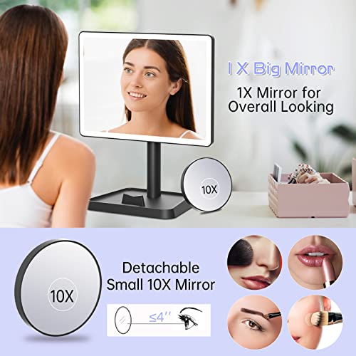 FUNTOUCH Rechargeable Makeup Mirror with Lights, 96 LED Lighted Makeup Vanity Mirror with Phone Holder and 10X Magnifying Mirror, 3Color Lighting Light Up Cosmetic Mirror with Dimmable Sensor Touch