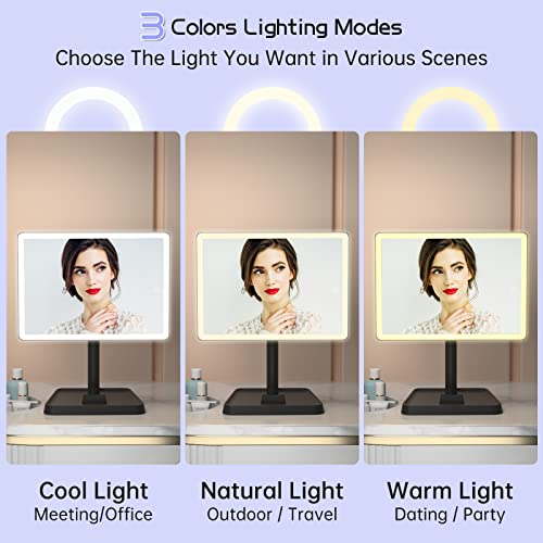 FUNTOUCH Rechargeable Makeup Mirror with Lights, 96 LED Lighted Makeup Vanity Mirror with Phone Holder and 10X Magnifying Mirror, 3Color Lighting Light Up Cosmetic Mirror with Dimmable Sensor Touch