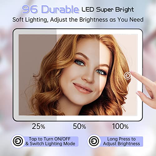 FUNTOUCH Rechargeable Makeup Mirror with Lights, 96 LED Lighted Makeup Vanity Mirror with Phone Holder and 10X Magnifying Mirror, 3Color Lighting Light Up Cosmetic Mirror with Dimmable Sensor Touch