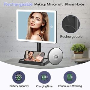 FUNTOUCH Rechargeable Makeup Mirror with Lights, 96 LED Lighted Makeup Vanity Mirror with Phone Holder and 10X Magnifying Mirror, 3Color Lighting Light Up Cosmetic Mirror with Dimmable Sensor Touch