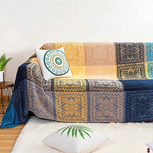 FinalNest Bohemian Tribal Throws Blankets Reversible Colorful Red Blue Boho Hippie Chenille Jacquard Fabric Throw Covers Large Couch Furniture Sofa Chair Loveseat Recliner Oversized (Blue, L:102x87)