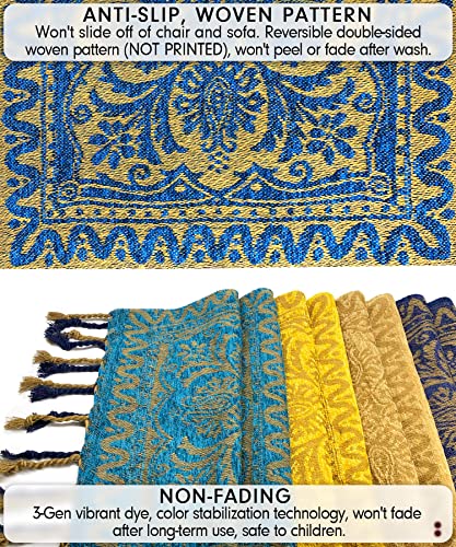 FinalNest Bohemian Tribal Throws Blankets Reversible Colorful Red Blue Boho Hippie Chenille Jacquard Fabric Throw Covers Large Couch Furniture Sofa Chair Loveseat Recliner Oversized (Blue, L:102x87)