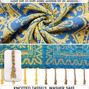 FinalNest Bohemian Tribal Throws Blankets Reversible Colorful Red Blue Boho Hippie Chenille Jacquard Fabric Throw Covers Large Couch Furniture Sofa Chair Loveseat Recliner Oversized (Blue, L:102x87)