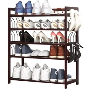 bamboo shoe rack,sundries rack kitchen shelf 5 tier wooden shoe shelf storage organizer with additional hangers,perfect for entryway,hallway,bathroom closet or living room (brown)