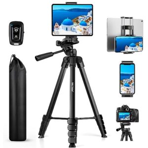 67" phone tripod, mactrem tripod stand for ipad iphone tablet camera with 2 in 1 mount & wireless remote, aluminum extendable iphone tripod for video recording/selfies/live stream/vlogging