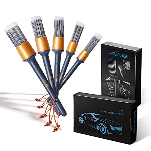 LitOrange Car Detailing Brush Set- 5 PCS Different Sizes PET&PPT Mixed ​Fiber Plastic Handle Automotive Detail Brushes for Cleaning Interior, Exterior, Wheels, Rims and Leather