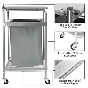 HollyHOME Laundry Sorter Cart with Side pull 3-Bag Ironing Board Heavy-Duty 4 Wheels Laundry Hamper Grey