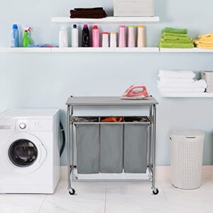 HollyHOME Laundry Sorter Cart with Side pull 3-Bag Ironing Board Heavy-Duty 4 Wheels Laundry Hamper Grey