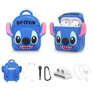suihuoji cute stitch backpack airpods case,6 in 1 silicone airpods 2/1 charging case accessories cover,3d fashion funny cartoon shoulder bag protective design skin for apple earphone 2&1 with keychain