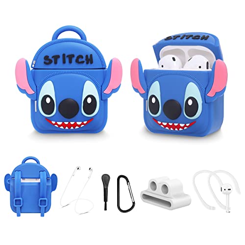 SUIHUOJI Cute Stitch Backpack Airpods Case,6 in 1 Silicone Airpods 2/1 Charging case Accessories Cover,3D Fashion Funny Cartoon Shoulder Bag Protective Design Skin for Apple Earphone 2&1 with Keychain