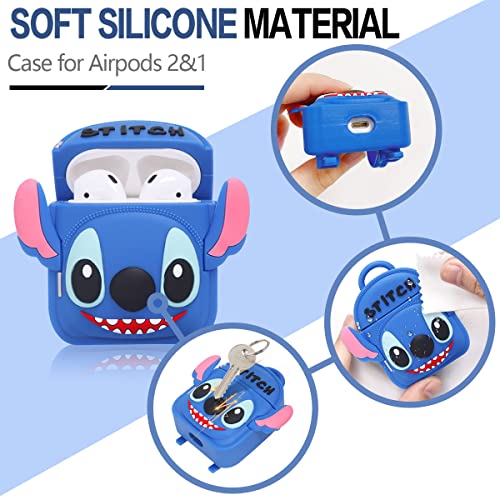 SUIHUOJI Cute Stitch Backpack Airpods Case,6 in 1 Silicone Airpods 2/1 Charging case Accessories Cover,3D Fashion Funny Cartoon Shoulder Bag Protective Design Skin for Apple Earphone 2&1 with Keychain