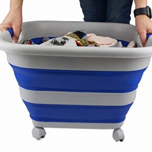 SAMMART 39L (10.3 Gallons) Collapsible Plastic Laundry Basket with Wheels-Foldable Pop Up Storage Container (1, Grey/Purplish Blue)