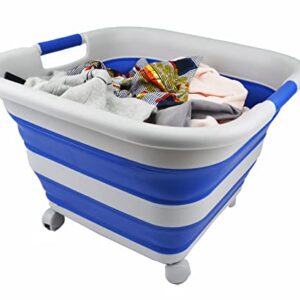 SAMMART 39L (10.3 Gallons) Collapsible Plastic Laundry Basket with Wheels-Foldable Pop Up Storage Container (1, Grey/Purplish Blue)