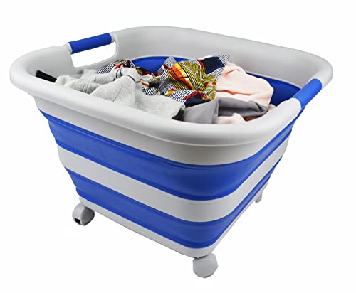 SAMMART 39L (10.3 Gallons) Collapsible Plastic Laundry Basket with Wheels-Foldable Pop Up Storage Container (1, Grey/Purplish Blue)